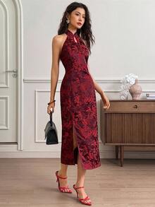 EastFlair Women's Elegant Jacquard Halter Midi Dress, Dress For Wedding Guest   , Wedding Guest Dress Elegant  Wedding Guest Dress Women   Fall Clothes For Women  Christmas Women's Clothing Halter Neck Dress Cheongsam Dress Chinese Style Dress Party Dress  Red Dress,B2