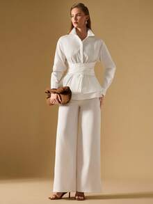 Briarwyn 女士休闲纯色褶腰长袖衬衫 - 白色 - 查看 2