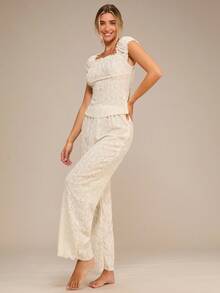Enchnt Ladies Lace Trim Puff Sleeve Jacquard Casual Pajama Set - Apricot - View 2