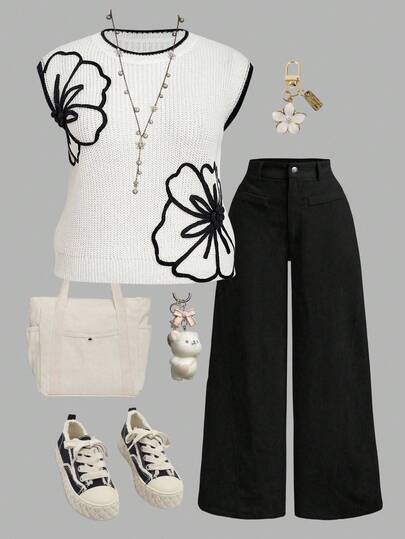 SHEIN MOD Suéter sin mangas de talla grande con contraste de bordado floral en negro tejido a mano