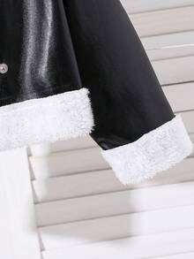 Elladie kids 年轻女孩黑色 PU 人造毛皮夹克，采用亮面 PU 皮革材质，蓬松的白色毛皮领口和袖口，双排扣开合，短款廓形，温暖时尚，适合秋冬休闲外出 - 黑色 - 查看 3