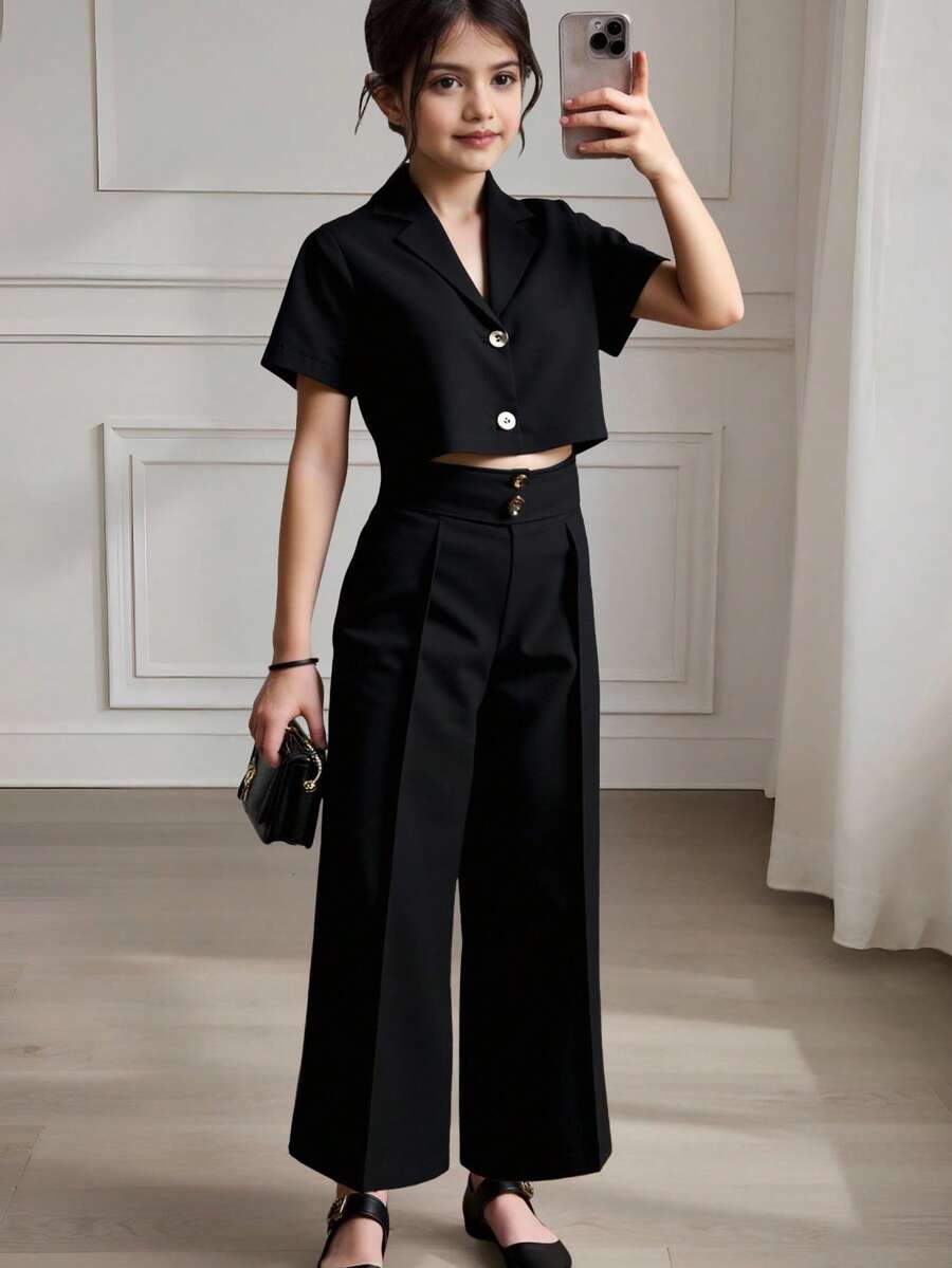 Tween Girl Colourblock Cami Jumpsuit & Lapel Collar Blazer - Black and White - View 1