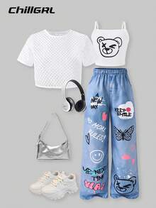 SHEIN 3pcs Tween Girls Mesh T-Shirt & Bear Graphic Tank Top & Denim Print Pants Set