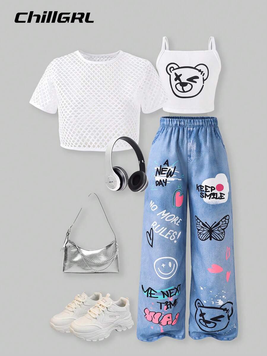 SHEIN 3pcs Tween Girls Mesh T-Shirt & Bear Graphic Tank Top & Denim Print Pants Set
