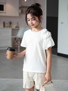 SHEIN 少女圓領短袖t恤,配有荷葉邊飾邊