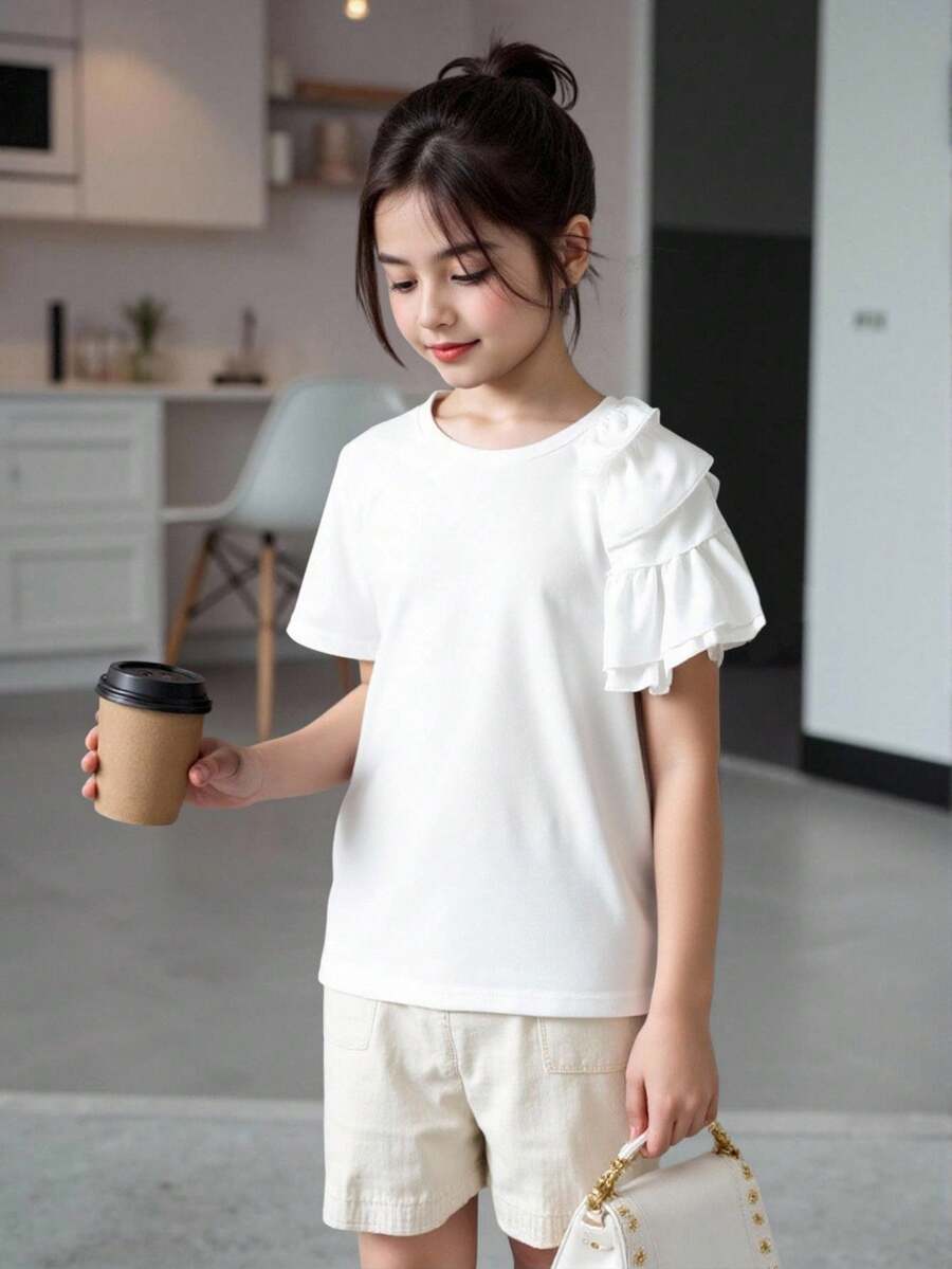 SHEIN 少女圓領短袖t恤,配有荷葉邊飾邊