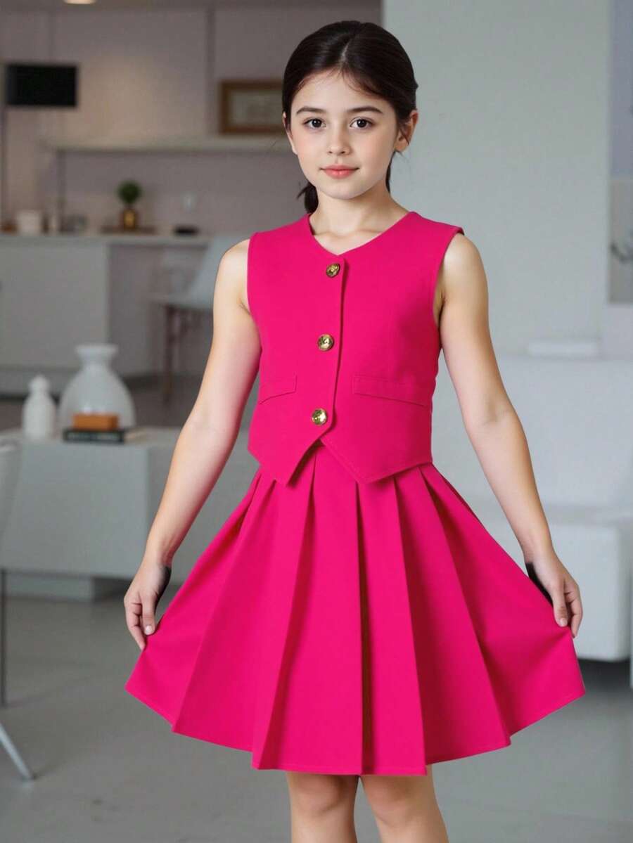 中學生女生荷葉邊裙子優雅2件式上衣套裝 - 玫紅色 - 查看 1