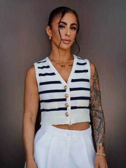 SAYEHFBABY 女士秋冬条纹单排扣休闲针织背心