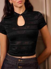 lacRébo 修身立领镂空上衣，适合秋冬季女装 - 黑色 - 查看 1