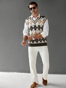 OTTIMOZO Men's Argyle Pattern Color Block V-Neck Knit Sweater Vest For Men Crochet Set Sleeveless Sweater Men Knit Tops Jumper For Men, Fall Winter - Multicolor - View 7