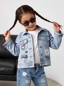 SHEIN Playful Pals Young Girls Denim Jackets & Coats, Y2K Style, Fashionable Street Casual, Light Blue Washed Floral & Letter Print, Fitted Silhouette, Daily Wear & School, Casual Denim Jacket For Little Girls Fall Winter