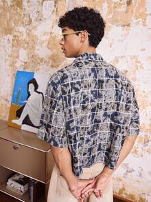 Manfinity VCAY Camisa casual de manga corta con estampado de cuadros tejidos para hombre, verano - Azul - Ver 2