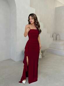 Jemour Women Summer Wedding Bridesmaid Sleeveless Strapless Sexy Ruched Split Ruffled High Slit Wrap Dress, White - Burgundy - View 6