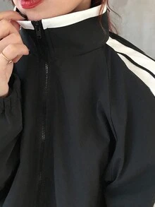 FRIFUL Women's Stand Collar Loose Side Ribbon Decor Loose Hem Cropped Casual Street Goth Jacket