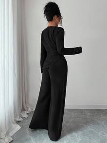 SHEIN Raffinéa 2pcs/Set Women Round Neck Solid Color Pleated Asymmetrical Hem Long Sleeve Top - Black - View 2