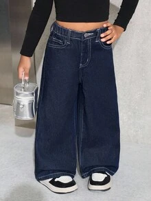 SHEIN 少女宽松骷髅手印深蓝色牛仔裤 - 深色水洗藍 - 查看 4