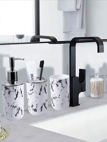 5PCS/9PCS Marble Pattern Bathroom Accessories Set, Including Toothbrush Holder, Soap Dispenser, Soap Dish, Tumbler, Refillable Bottles, Trash Can And Toilet Brush Home Bathroom Decor Fall Decor Back To School