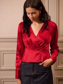 lacRébo Red Satin Leopard Print Jacquard Wrap Front Blouse With Side Button Detail Fall Women Clothes Autumn Winter Office Outfits Christmas Outfits New Year