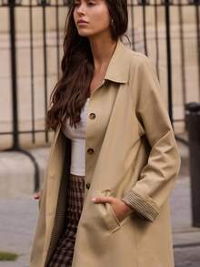 lacRébo Beige Oversized Trench Coat With Button Front Opening And Check Lining Fall Spring Summer Coat Old Money Style Luxury Premium - Apricot - View 7