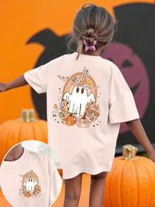 Halloween Girls Casual Fashion Creative Cartoon Mushroom Pumpkin Ghost Graphic Print Relaxed Fit Holiday Basic Short Tee - Beige - View 1