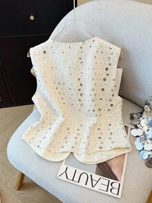 Franclia 女士优雅亮片梭织背心夹克 - 杏色 - 查看 6