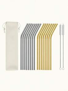 8 Stücke Edelstahl Strohhalme & 2 Stücke Reinigungsbürsten & 1 Stück Aufbewahrungstasche Set, Küche, Weihnachtsgeschenk, Schulmaterial - Gold - Übersicht 2