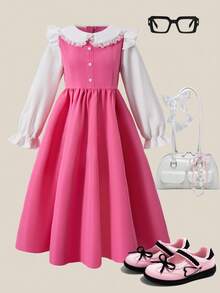 Tween Girl Ruffle Collar 2 In 1 Pleated Bowknot Long Dress Fall Winter - Pink - View 8