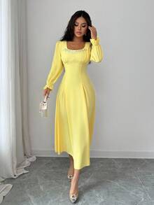 Rafferiza Vestido elegante de unicolor con decoración de rhinestones para mujer - Amarillo - Ver 5