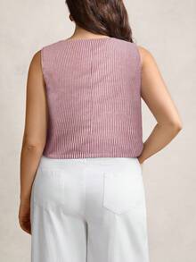 SHEIN LUNE 大码红白条纹装饰修身V领休闲商务衬衫 - 紅色 - 查看 2