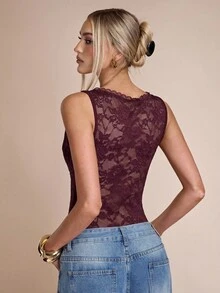 SHEIN BAE Burgundy Maroon Solid Color V-Neck Lace Sleeveless Fashion Vest, Burgundy Vest, Christmas Tops, Party Tops, Going Out Tops, Club Tops, Thanksgiving Tops, New Year Tops, Charming Tops,