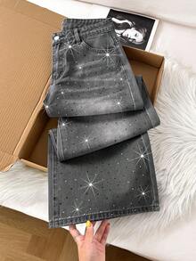 Comfortcana 复古性感修身洗水钻缀饰阔腿牛仔裤 牛仔裤 闪光牛仔裤 水钻牛仔裤 - 灰色 - 查看 1