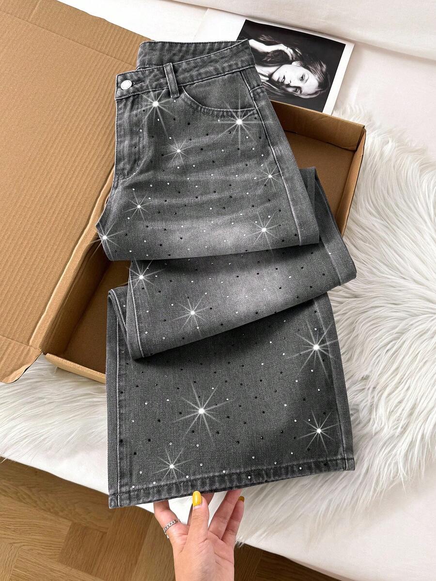 Comfortcana 复古性感修身洗水钻缀饰阔腿牛仔裤 牛仔裤 闪光牛仔裤 水钻牛仔裤 - 灰色 - 查看 1