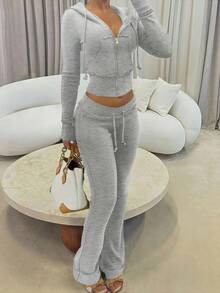 Women's Solid Color Hooded Zip-Up Jacket And Pants Set Fall Cloth For Women - Light Grey - View 3