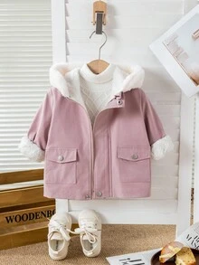 SHEIN Babygirl 可爱粉色兔毛领连帽外套，秋冬 - 粉色 - 查看 7