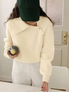 DAZY Áo len cổ lọ mềm mại, ấm áp cỡ lớn, thiết kế cổ áo độc đáo, áo khoác ngoài - Màu be - Xem 3