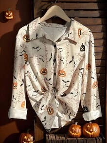 Franclia 女士休闲H型翻领长袖印花衬衫，适合万圣节、秋冬季 - 彩色 - 查看 1