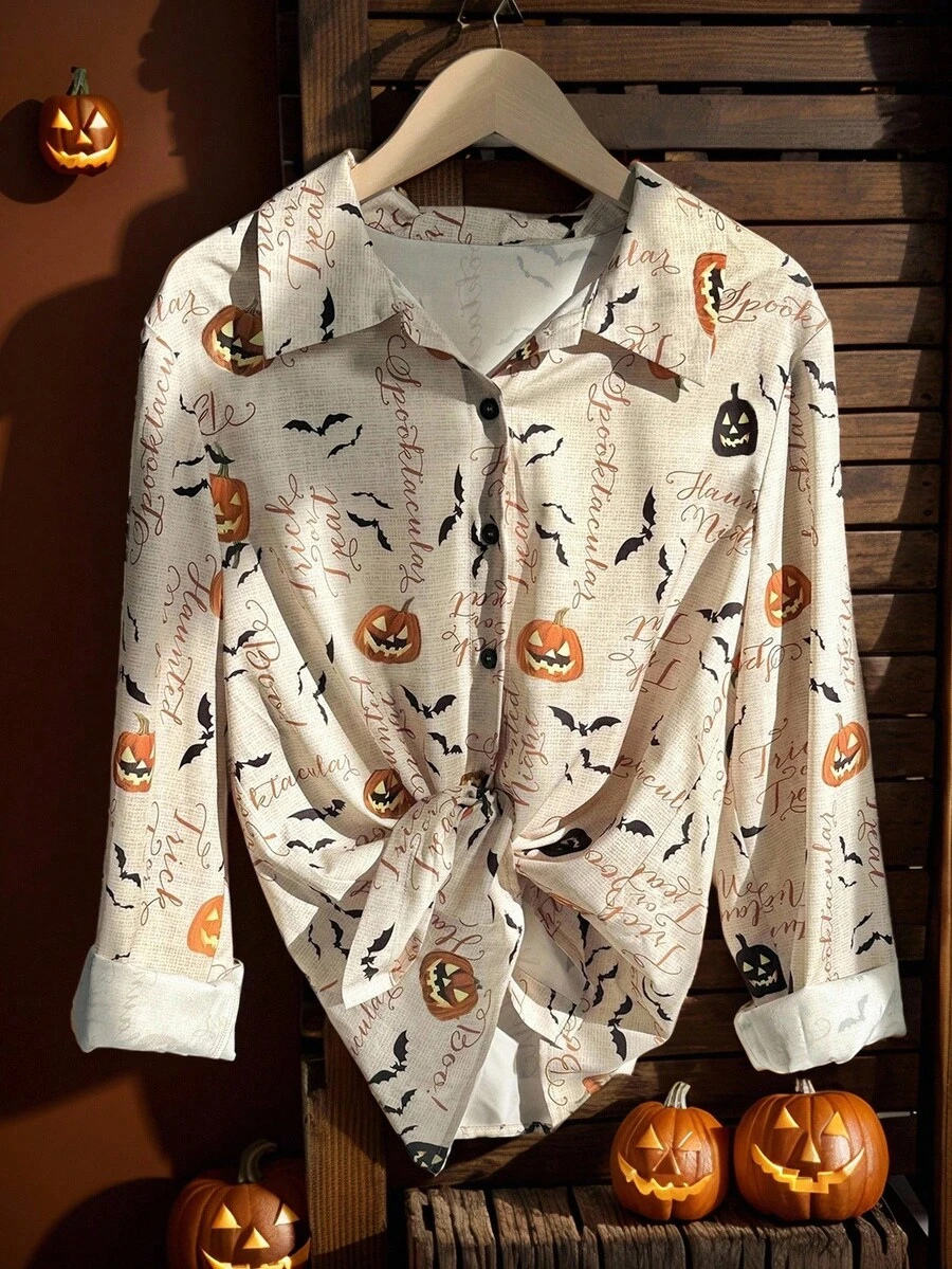 Franclia 女士休闲H型翻领长袖印花衬衫，适合万圣节、秋冬季 - 彩色 - 查看 1