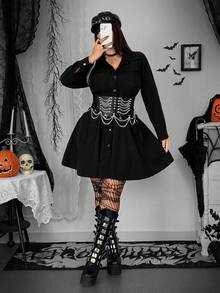 Whyspr 大码女式长袖单排扣工装口袋深色风格衬衫裙 - 黑色 - 查看 6