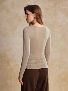 House of One Glittery Knit Round Neck Long Sleeves Top With Metal Buckle Deco Women Autumn Elegant Wear - Khaki - View 2