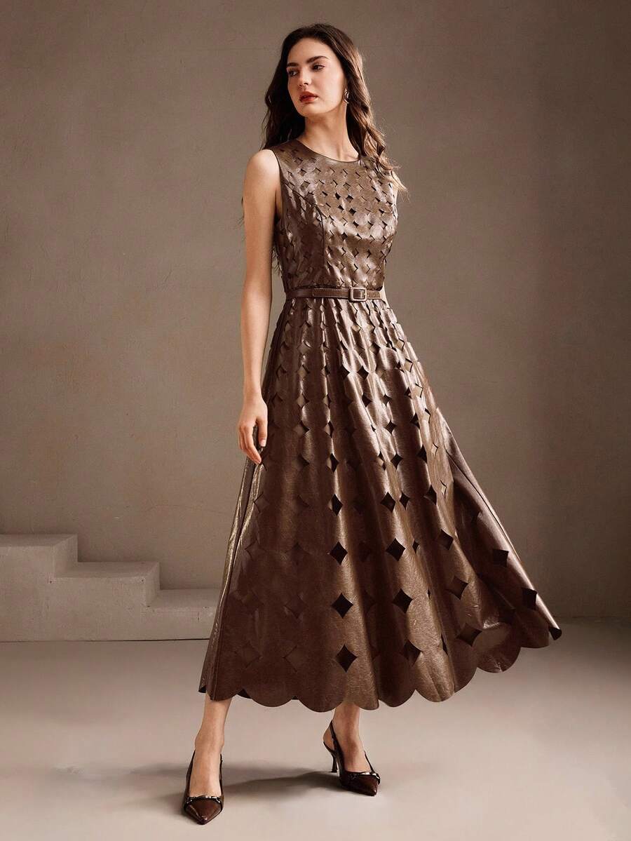 Anewsta Váy ôm eo thiết kế khoét rỗng không tay mới, thanh lịch, sang trọng, hợp thời trang, phù hợp cho mùa thu, đông, năm mới, tiệc tùng, đám cưới, dạ hội - màu nâu - Xem 1