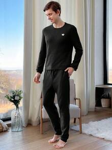 EURMUSE Cotton Men'S Ribbed Knit Homewear Set - Black - View 6