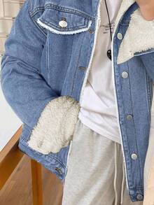 SHEIN 青少年女孩藍色休閒牛仔夾克，內裡保暖翻領寬鬆長袖冬季外套，秋季街頭風，假期、返校學院風時尚 - 中等水洗藍 - 查看 7