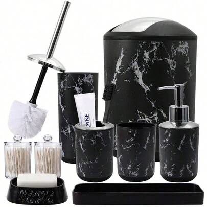 Juego de 5 piezas/9 piezas de accesorios de baño con patrón de mármol, que incluye portacepillos de dientes, dispensador de jabón, jabonera, vaso, botellas rellenables, papelera y cepillo de inodoro para decoración de baño y otoño, de vuelta al colegio