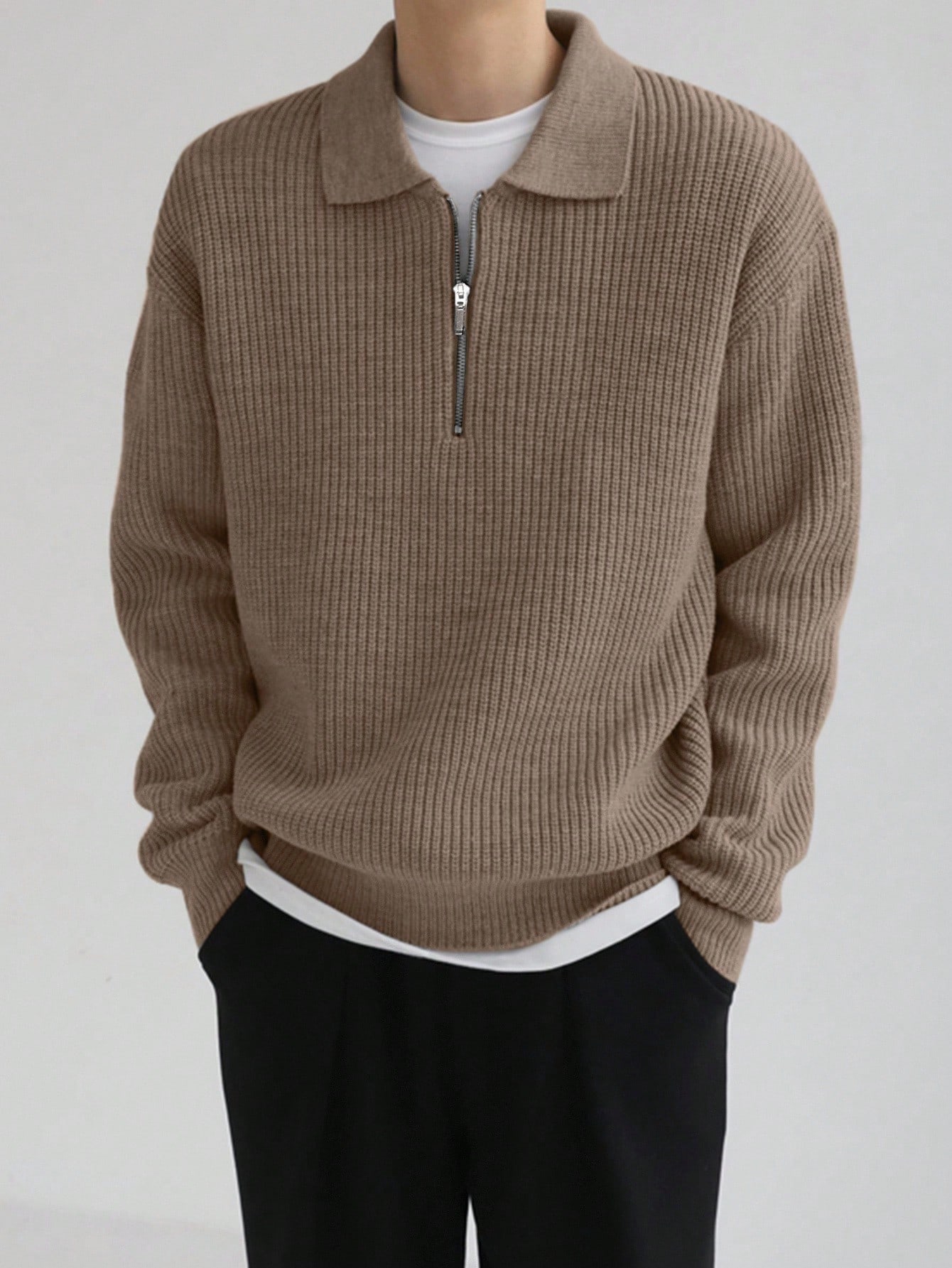 DAZY كنزة صوفية رجالية ربع سحاب ذات كتف منخفض، ملا...