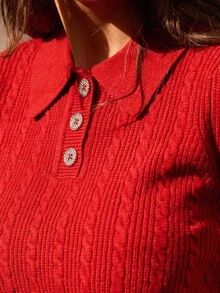 lacRébo 酒红色绞花针织Polo衫 女款 春夏新年针织衫 - 紅色 - 查看 6