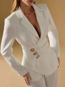 Briarwyn Áo khoác Blazer nữ màu trơn thanh lịch, thắt eo, thích hợp khi đi làm - trắng - Xem 7