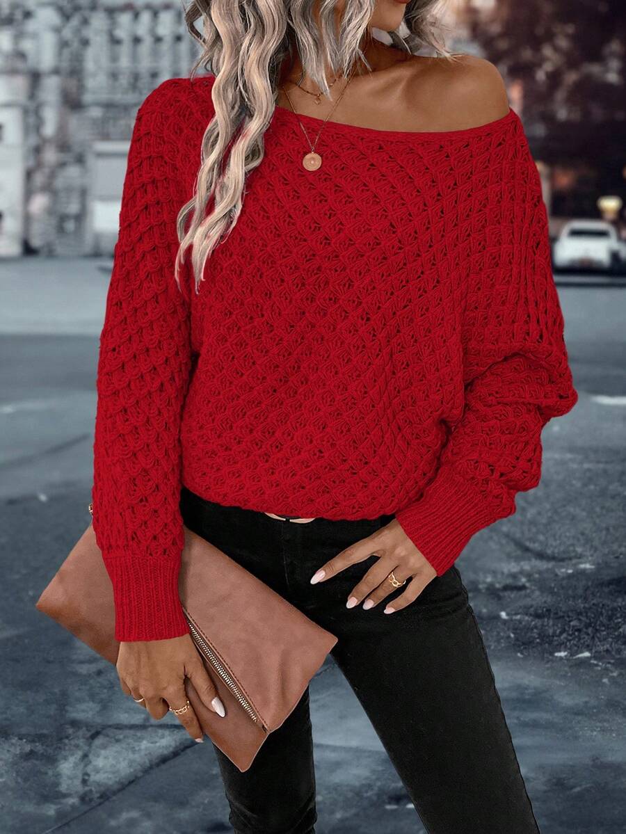 EMERY ROSE Women's Solid Color Minimalist Long Sleeve Sweater, Everyday Wear, Christmas - Red - View 1