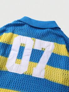 ROMWE MEN Prep Men's Embroidered Striped Knit Sweater, Knit Short Sleeve Polo Shirt - Blue - View 3