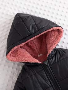 SHEIN 1pc Infant/Toddler Unisex Black Hooded Long Sleeve Padded Coat With Pink Plush Lining, Winter Fashion Simple Design Suitable For Daily School Wear Fall - Black - View 5