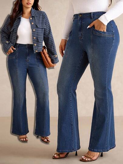 Elaquor Jeans azules oversize de talla grande, cintura alta, pantalones acampanados elásticos con bolsillos, jeans acampanados elegantes de otoño para mujeres